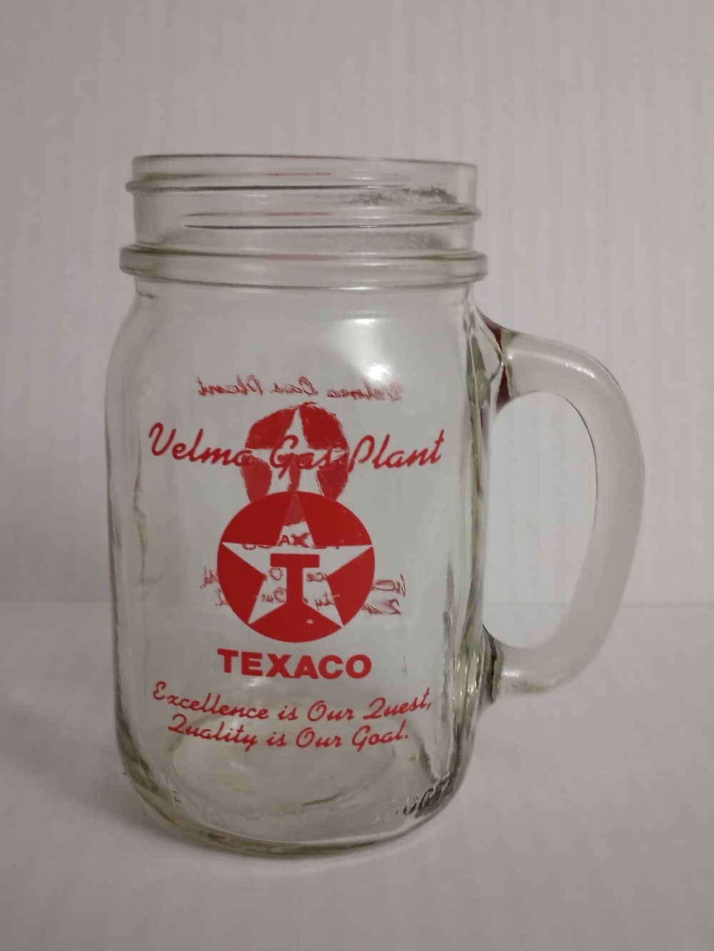Texaco Glass Mason Jar Mug With Handle Velma Gas Plant (Velma, Oklahoma)